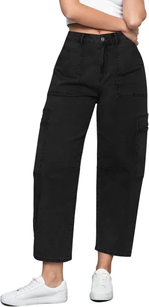 GRAPENT Barrel Jeans for Women Trendy High Waisted Cropped Cargo Pocket Baggy Stretch Denim Pants Wide Leg Tapered Jeans