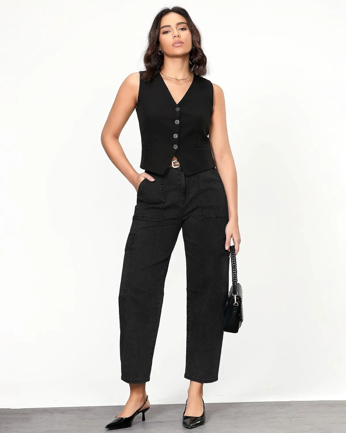 GRAPENT Barrel Jeans for Women Trendy High Waisted Cropped Cargo Pocket Baggy Stretch Denim Pants Wide Leg Tapered Jeans