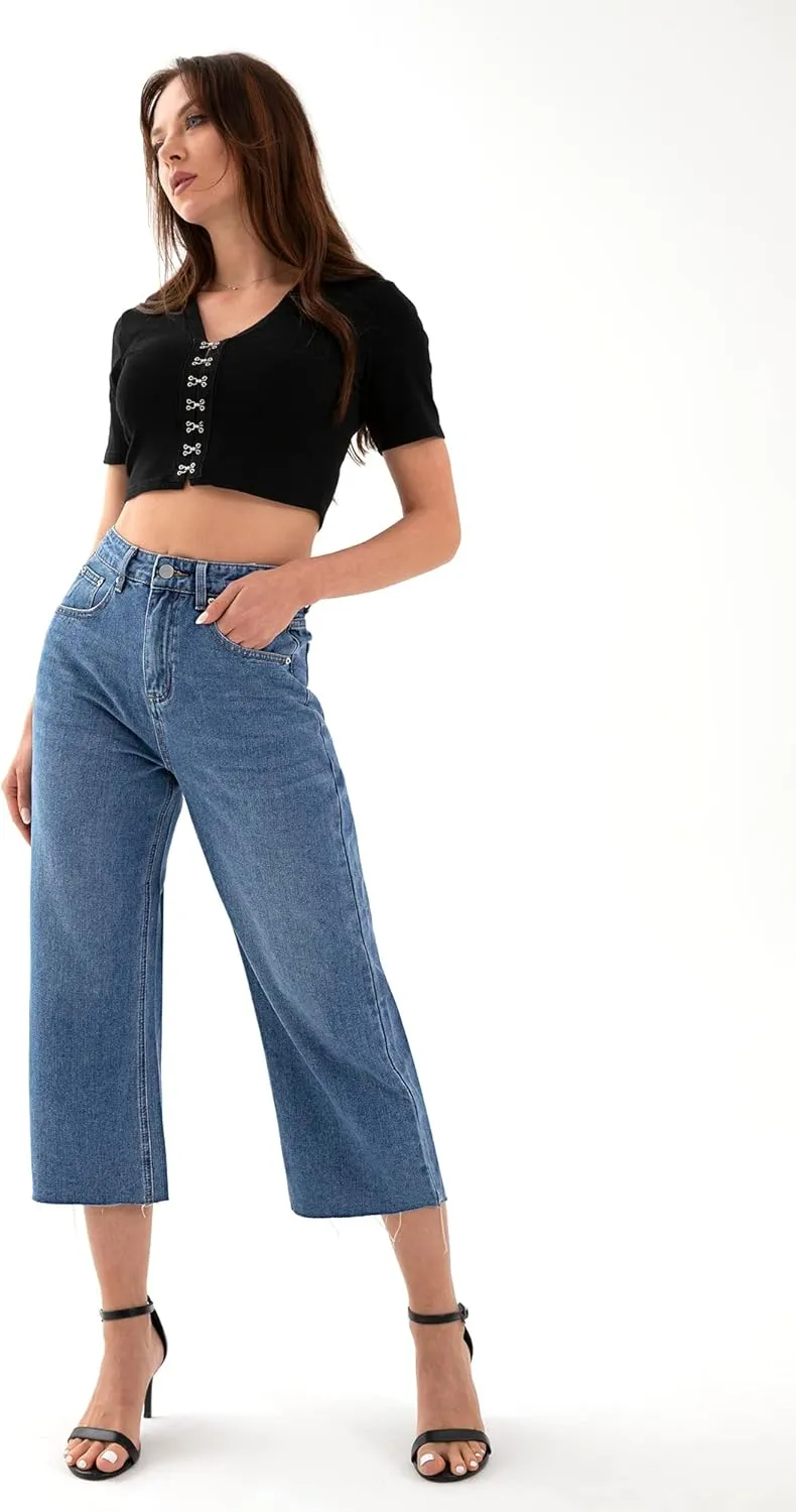 HDLTE Wide Leg Cropped Jeans for Women High Waisted Loose Baggy Crop Flare Denim Casual Pants