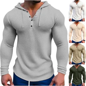Hooded T Shirts for Men Waffle Knit Hoodie Sweatshirt Long Sleeve Button T-Shirt Silm Fit Fashion Casual Pullover Shirt