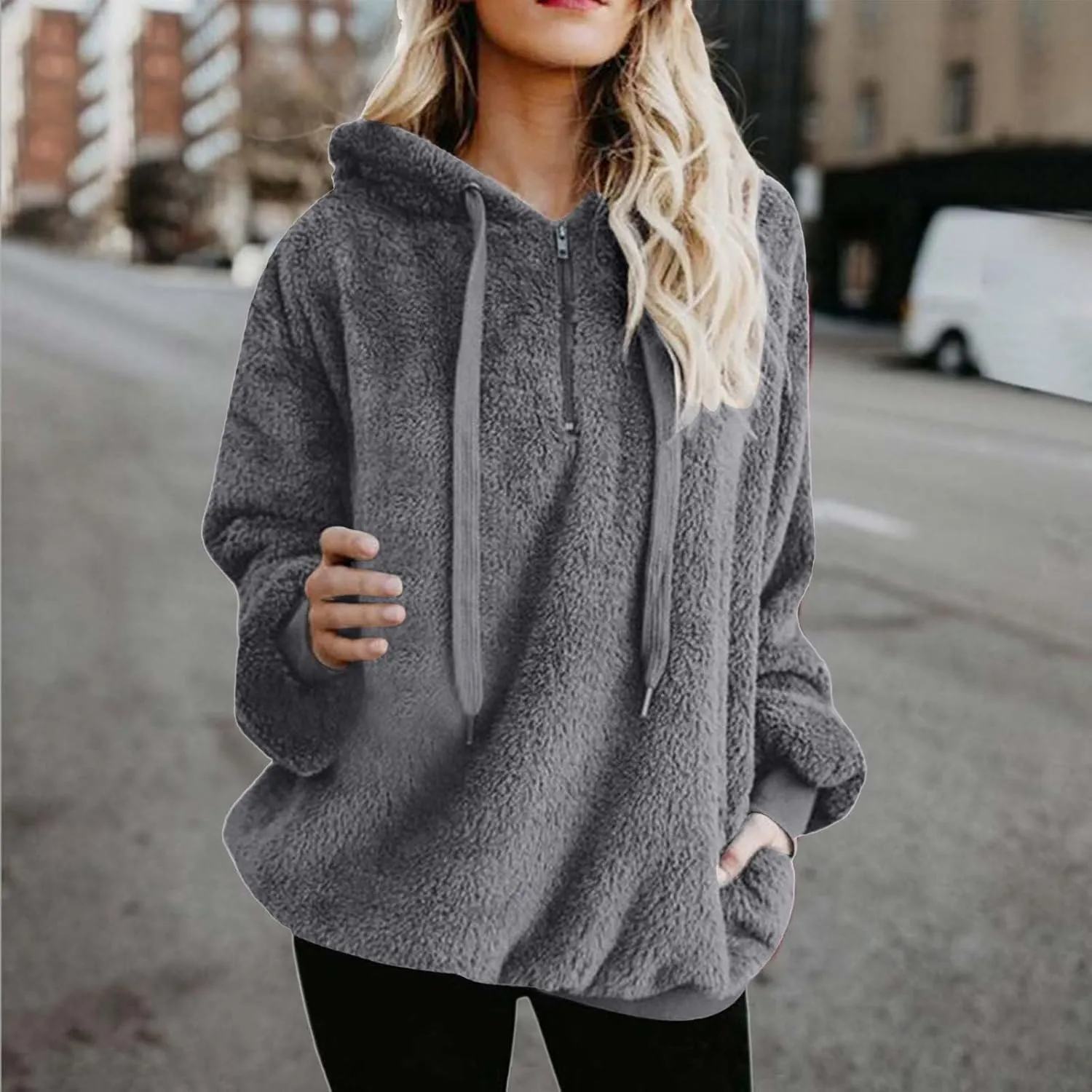Hoodies for Women Athletic Fuzzy Oversized Long Sleeve Sweatshirt Drawstring Fleece Winter Warm Clothes With Pockets