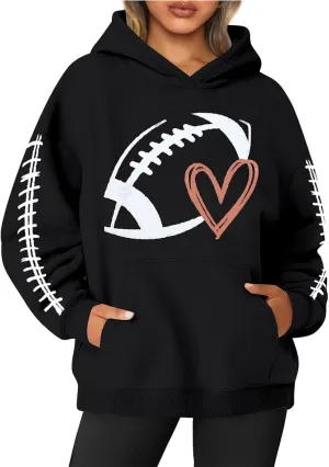 Hoodies for Women Long Sleeve Rugby Print Hoodie Game Day Football Mom Graphic Hooded Sweatshirt Casual Pullover Tops