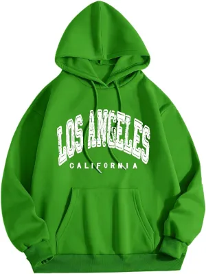 Hoodies for Women Pullover Losangeles Letter Print Hooded Sweatshirt with Pocket Long Sleeve Causal Fleece Tee Aesthetic Fall