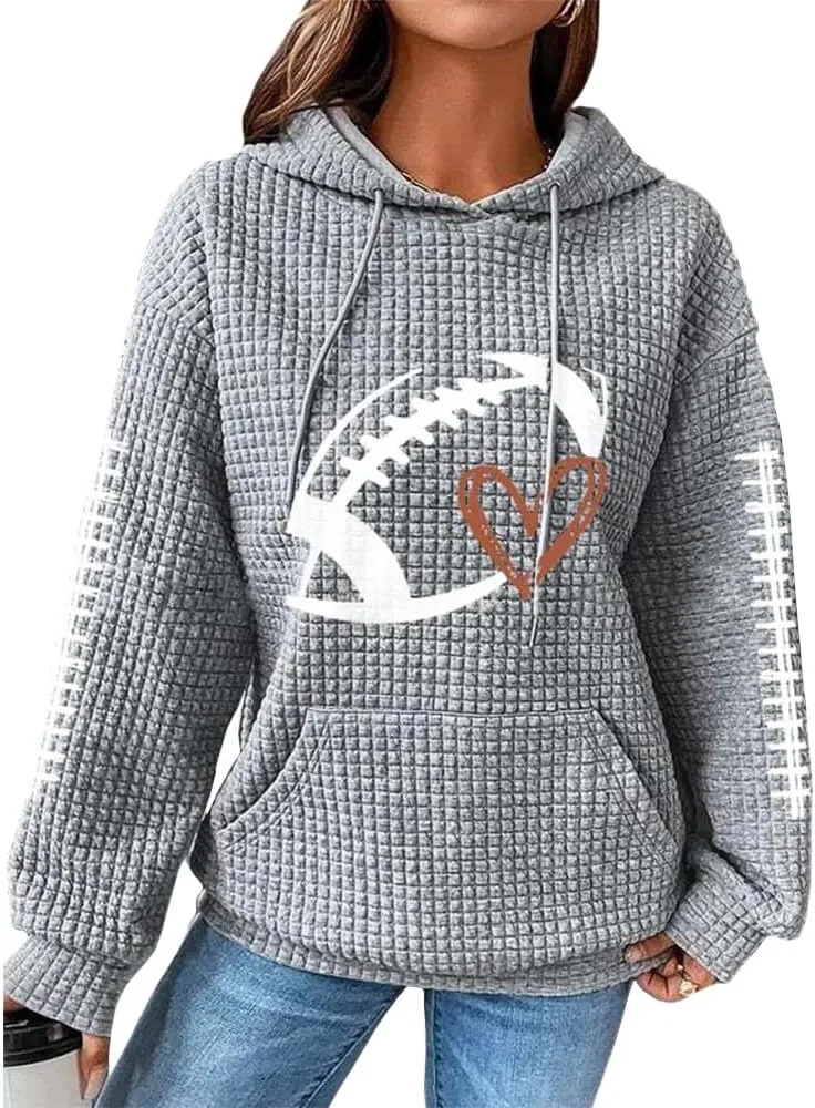 HOTYD Women Waffle Knit Hoodies Drawstring Football Graphic Game Day Sweatshirts Casual Long Sleeve Fashion Y2K Pullover