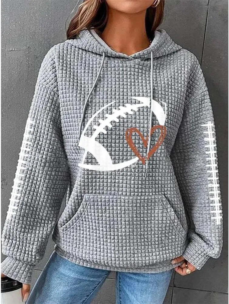 HOTYD Women Waffle Knit Hoodies Drawstring Football Graphic Game Day Sweatshirts Casual Long Sleeve Fashion Y2K Pullover