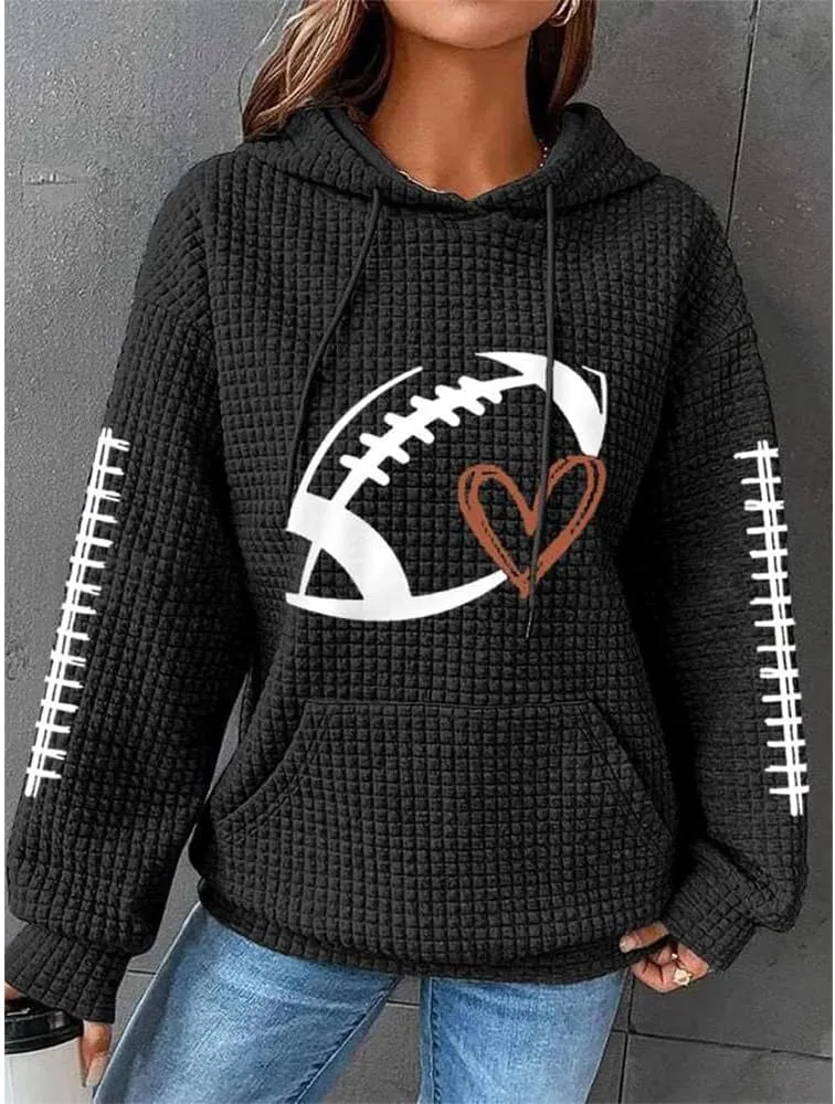 HOTYD Women Waffle Knit Hoodies Drawstring Football Graphic Game Day Sweatshirts Casual Long Sleeve Fashion Y2K Pullover