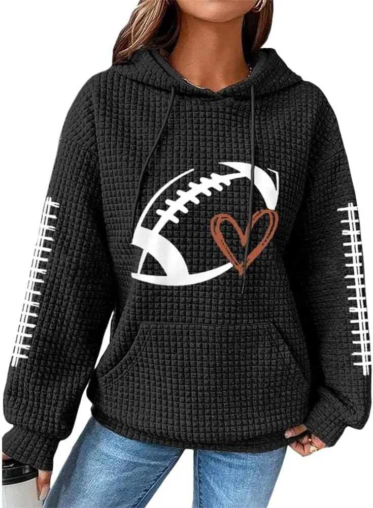 HOTYD Women Waffle Knit Hoodies Drawstring Football Graphic Game Day Sweatshirts Casual Long Sleeve Fashion Y2K Pullover