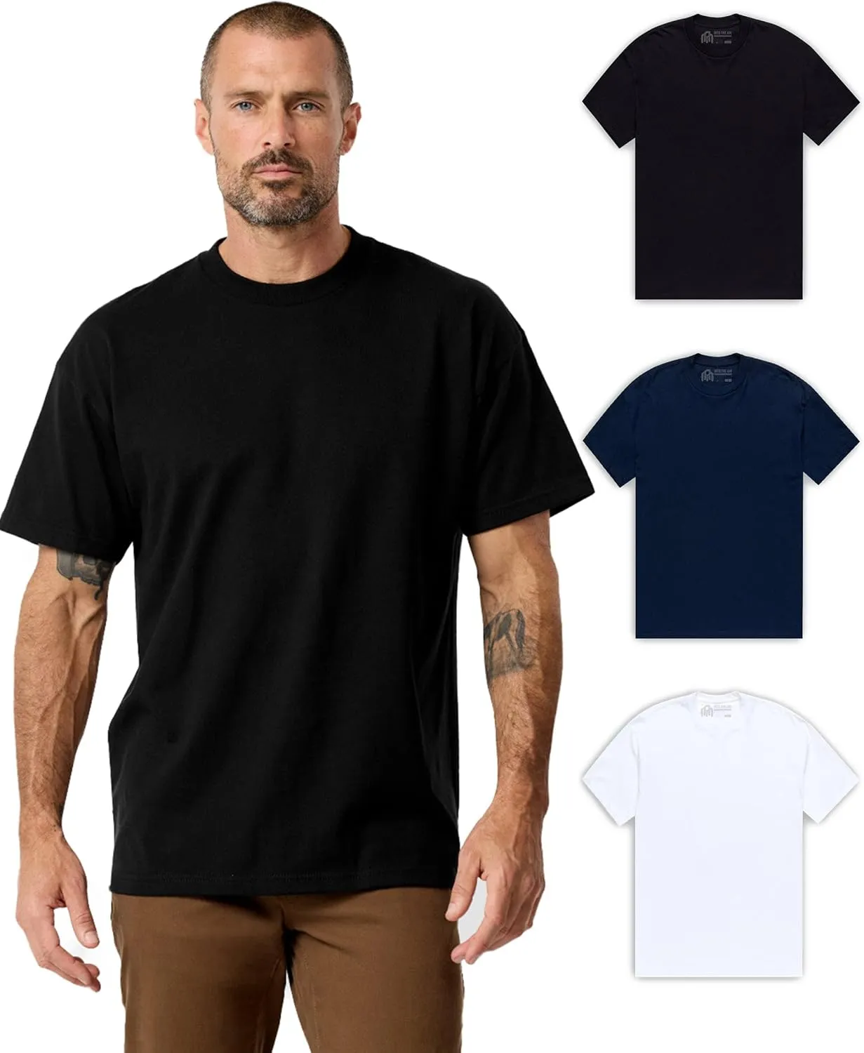 INTO THE AM Men's Heavyweight T Shirts for Men S - 3XL Boxy 100% Cotton Heavy Duty Thick Weight Tshirt