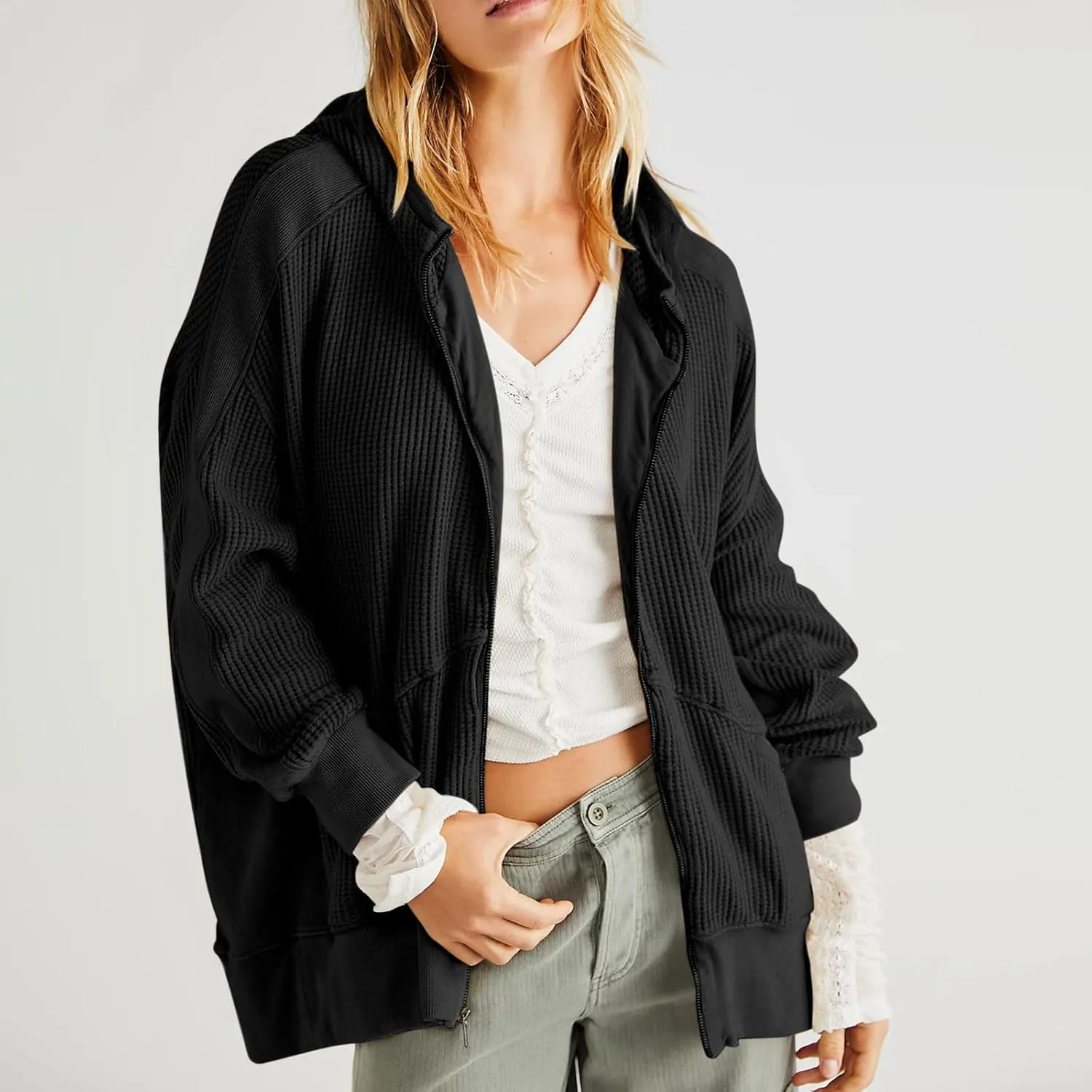 Jackets for Women Oversized Ribbed Fall Jacket Long Sleeve Zip Up Hoodies With Pockets Plain Versatile Shacket Tops