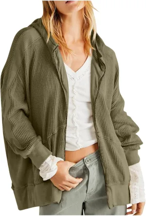 Jackets for Women Oversized Ribbed Fall Jacket Long Sleeve Zip Up Hoodies With Pockets Plain Versatile Shacket Tops