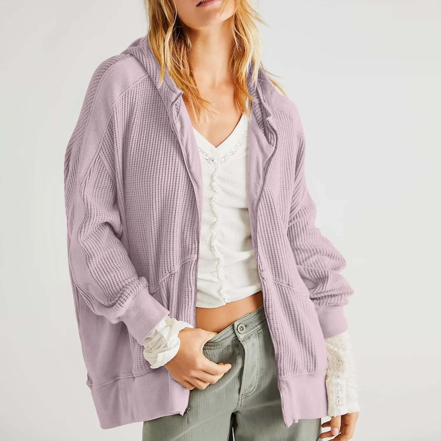 Jackets for Women Oversized Ribbed Fall Jacket Long Sleeve Zip Up Hoodies With Pockets Plain Versatile Shacket Tops