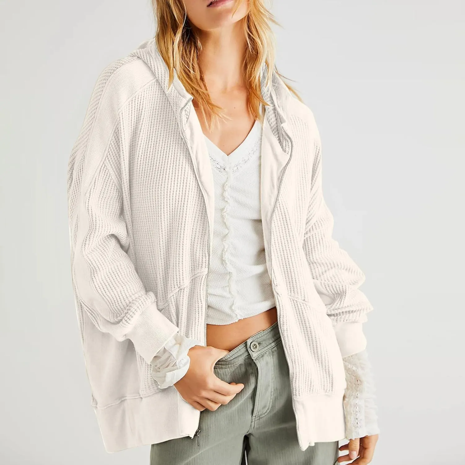 Jackets for Women Oversized Ribbed Fall Jacket Long Sleeve Zip Up Hoodies With Pockets Plain Versatile Shacket Tops