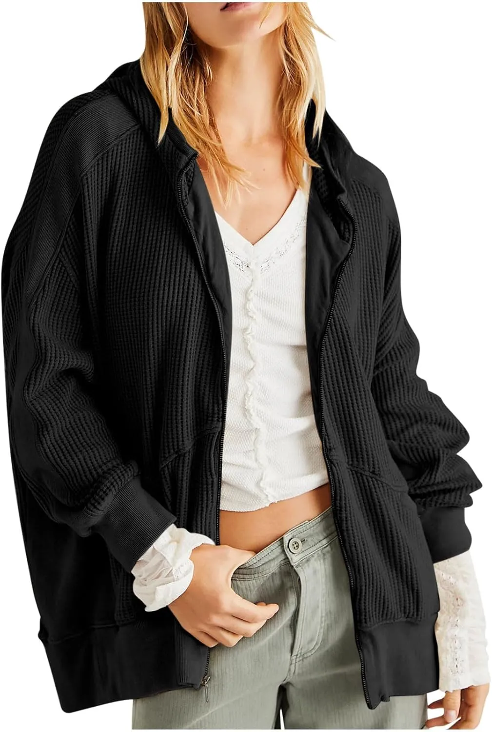 Jackets for Women Oversized Ribbed Fall Jacket Long Sleeve Zip Up Hoodies With Pockets Plain Versatile Shacket Tops
