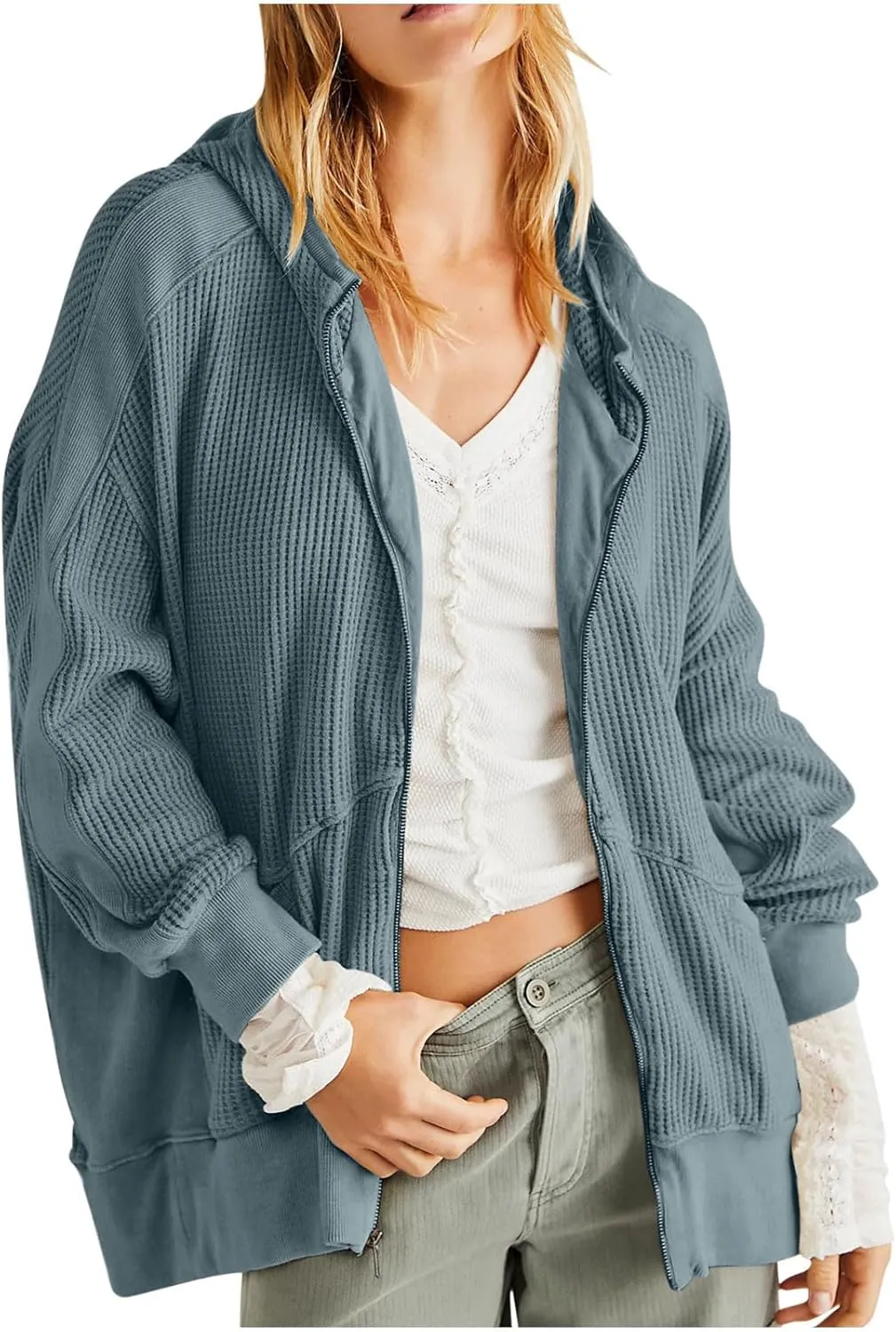 Jackets for Women Oversized Ribbed Fall Jacket Long Sleeve Zip Up Hoodies With Pockets Plain Versatile Shacket Tops