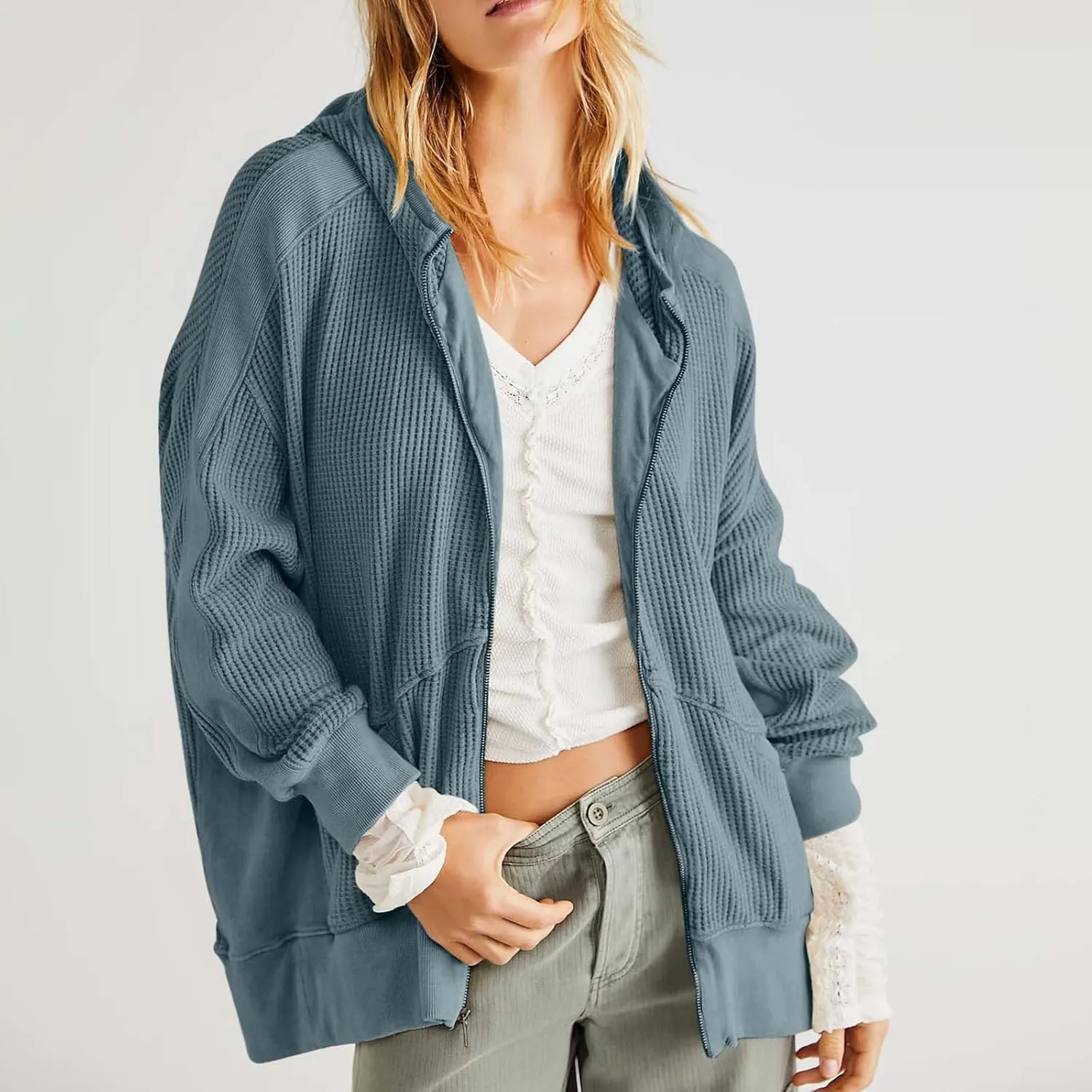 Jackets for Women Oversized Ribbed Fall Jacket Long Sleeve Zip Up Hoodies With Pockets Plain Versatile Shacket Tops