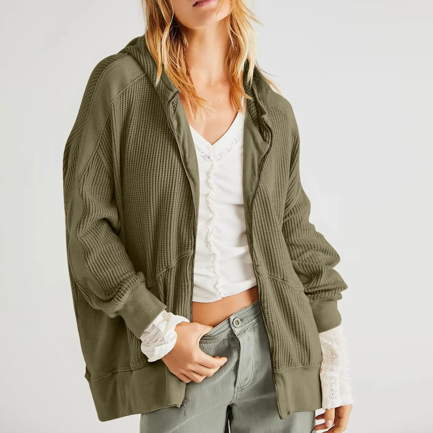 Jackets for Women Oversized Ribbed Fall Jacket Long Sleeve Zip Up Hoodies With Pockets Plain Versatile Shacket Tops