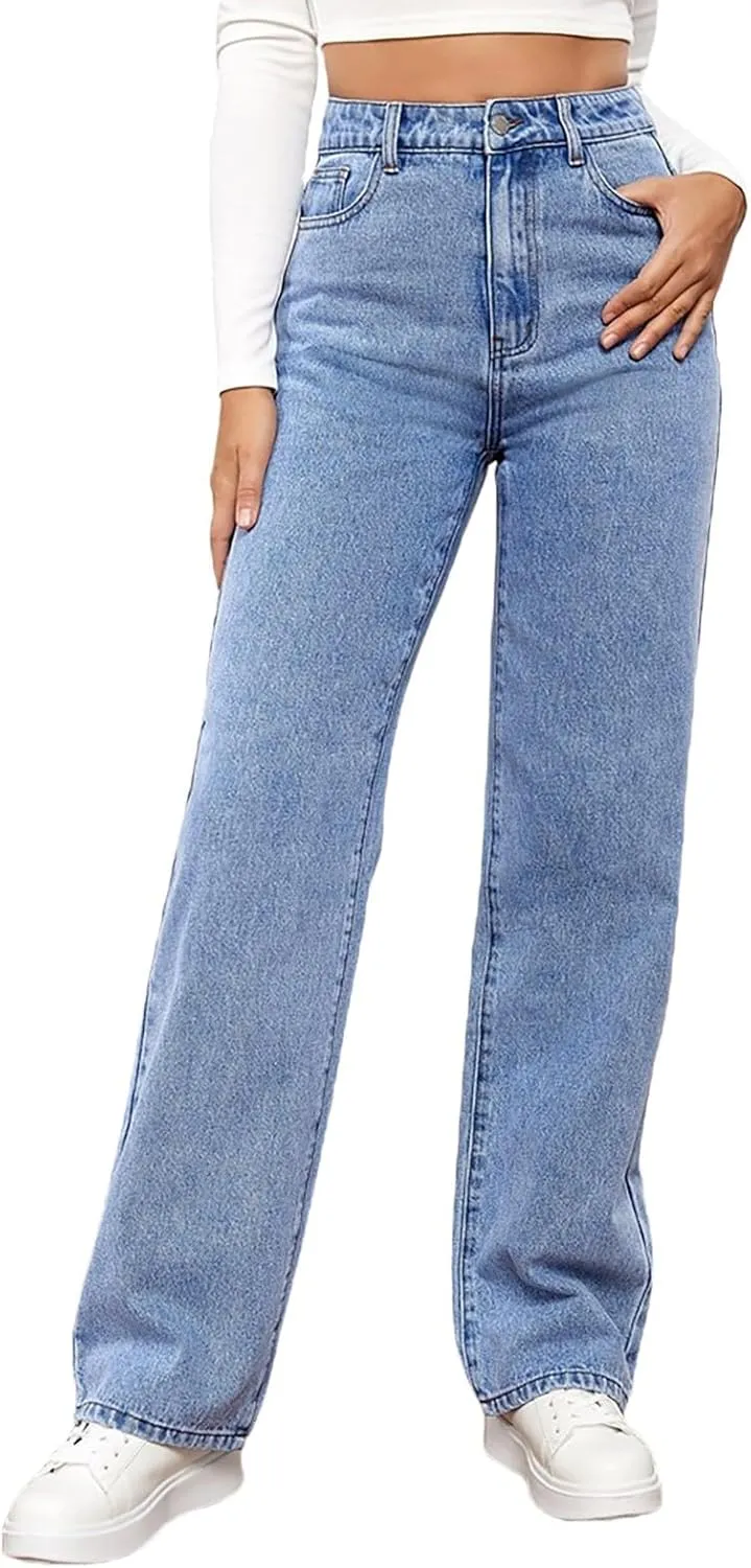 Jeans for Women High Waisted Straight Wide Leg Loose Stretchy Lightweight Tummy Control Pull On Denim Pants Boyfriend Jeans