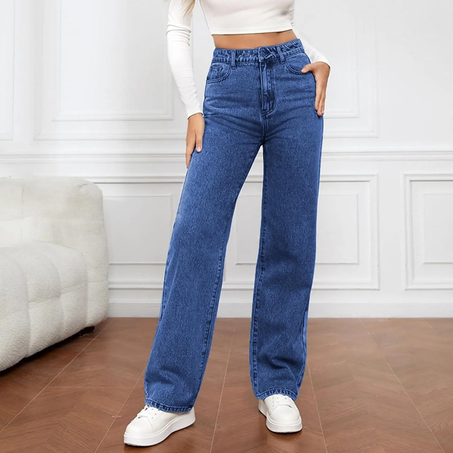 Jeans for Women High Waisted Straight Wide Leg Loose Stretchy Lightweight Tummy Control Pull On Denim Pants Boyfriend Jeans