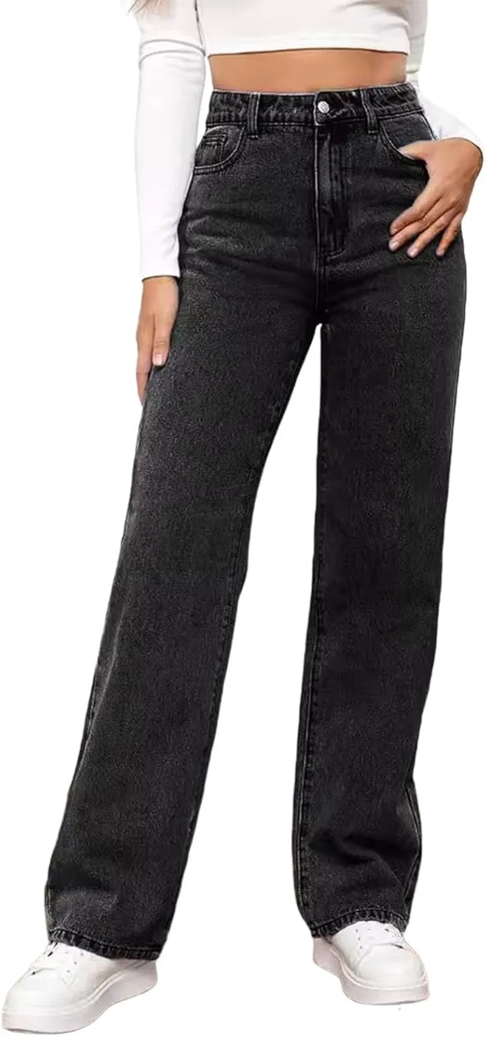 Jeans for Women High Waisted Straight Wide Leg Loose Stretchy Lightweight Tummy Control Pull On Denim Pants Boyfriend Jeans