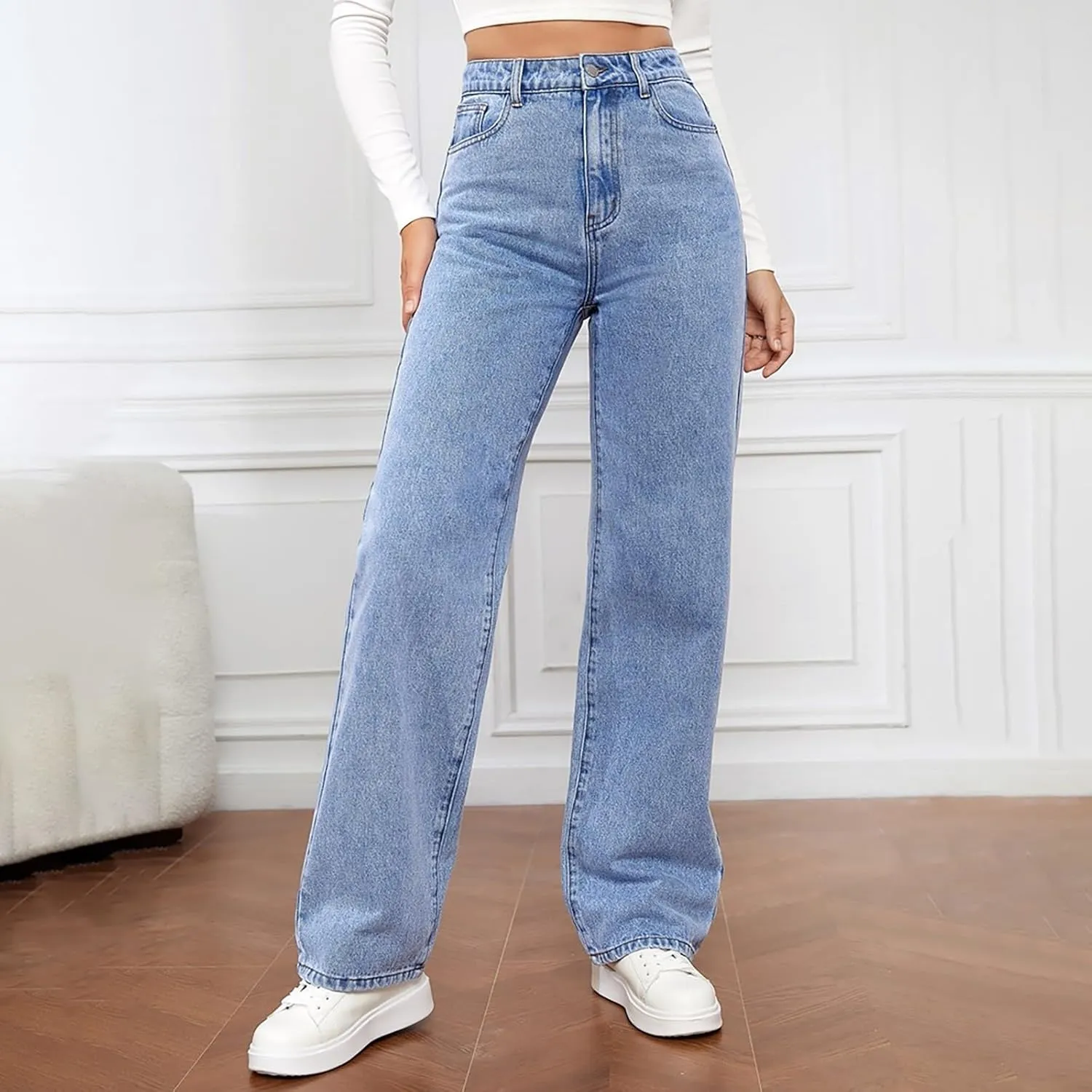 Jeans for Women High Waisted Straight Wide Leg Loose Stretchy Lightweight Tummy Control Pull On Denim Pants Boyfriend Jeans