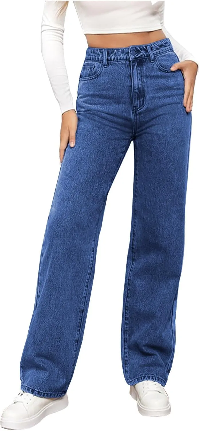 Jeans for Women High Waisted Straight Wide Leg Loose Stretchy Lightweight Tummy Control Pull On Denim Pants Boyfriend Jeans