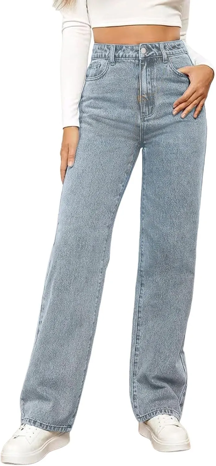 Jeans for Women High Waisted Straight Wide Leg Loose Stretchy Lightweight Tummy Control Pull On Denim Pants Boyfriend Jeans