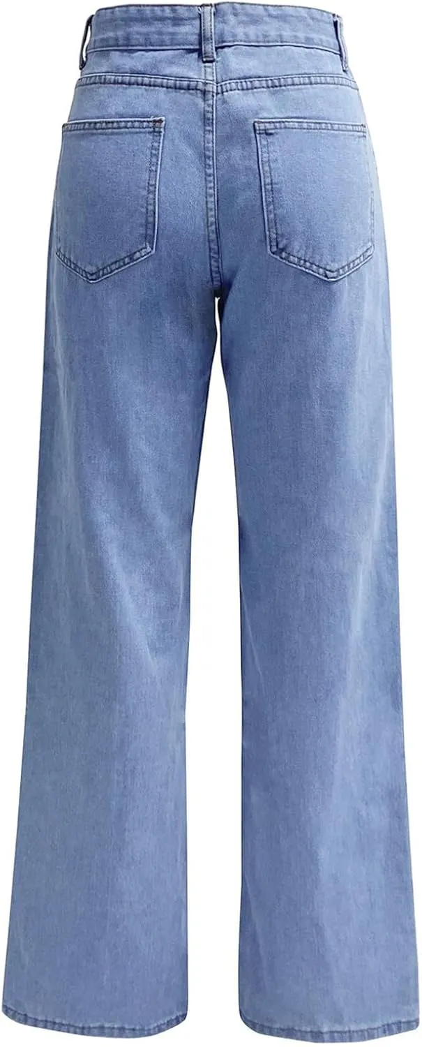 Jeans for Women High Waisted Straight Wide Leg Loose Stretchy Lightweight Tummy Control Pull On Denim Pants Boyfriend Jeans