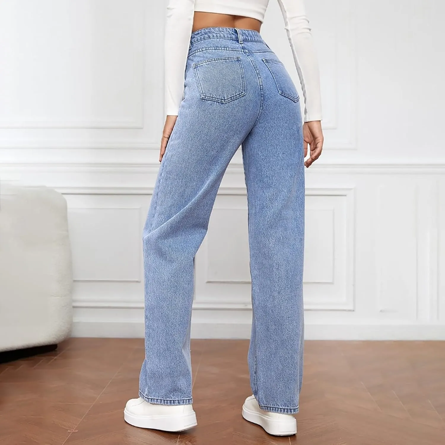 Jeans for Women High Waisted Straight Wide Leg Loose Stretchy Lightweight Tummy Control Pull On Denim Pants Boyfriend Jeans