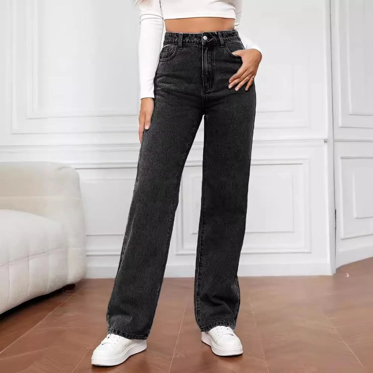 Jeans for Women High Waisted Straight Wide Leg Loose Stretchy Lightweight Tummy Control Pull On Denim Pants Boyfriend Jeans