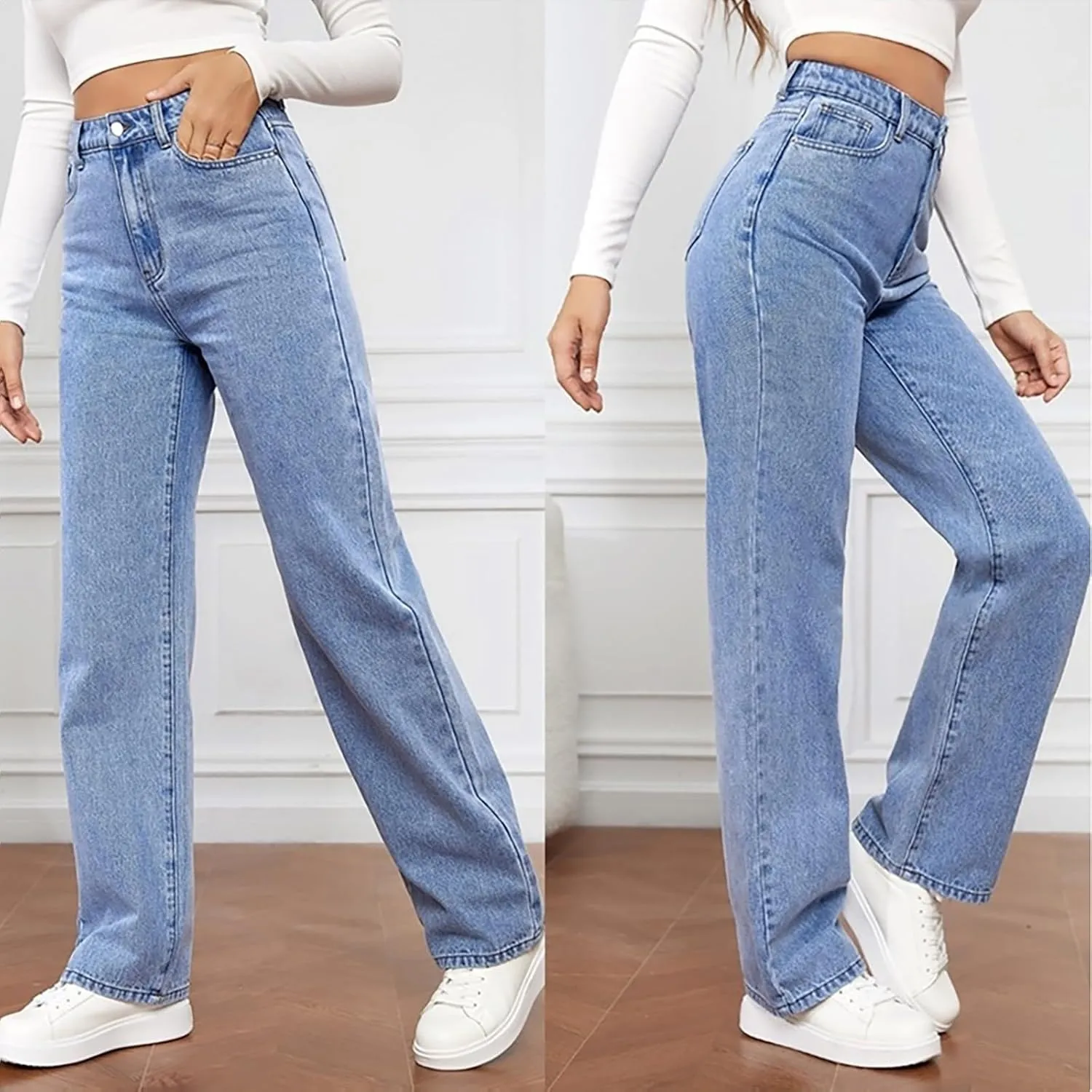 Jeans for Women High Waisted Straight Wide Leg Loose Stretchy Lightweight Tummy Control Pull On Denim Pants Boyfriend Jeans