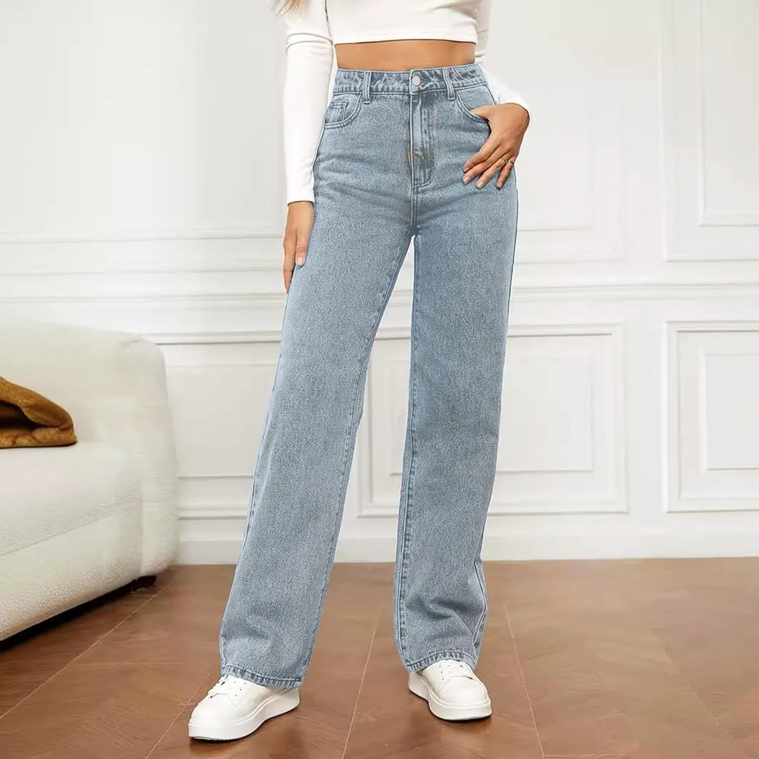 Jeans for Women High Waisted Straight Wide Leg Loose Stretchy Lightweight Tummy Control Pull On Denim Pants Boyfriend Jeans