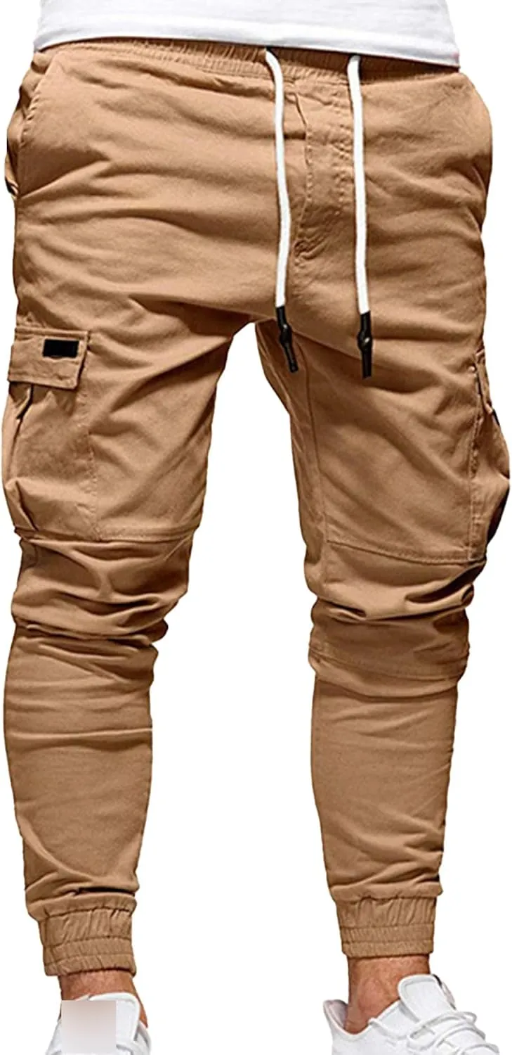 JEShifangjiusu Mens Fashion Cargo Pants Relaxed Fit Drawstring Joggers Sweatpants Workout Casual Cotton Long Trousers