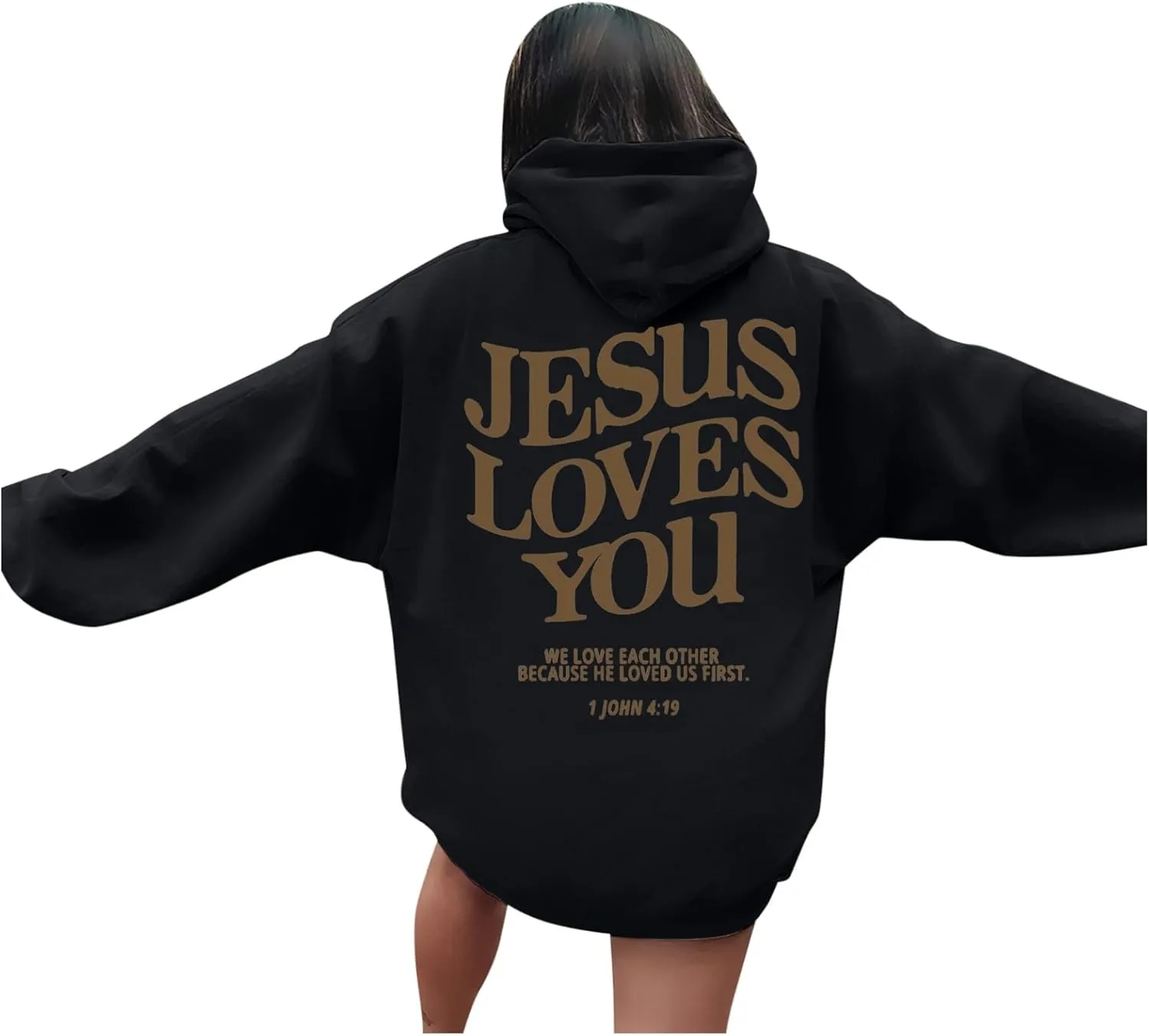 Jesus Loves You Hoodies For Women Oversized Letter Print Hooded Pullover Tops Casual Long Sleeve Sweatshirts Graphic Tunics