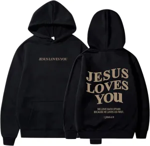 Jesus Loves You Hoodies For Women Oversized Letter Print Hooded Pullover Tops Casual Long Sleeve Sweatshirts Graphic Tunics