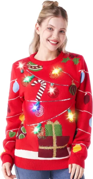 JOYIN Womens LED Light Up Christmas Sweater with Built-in Lights, Red