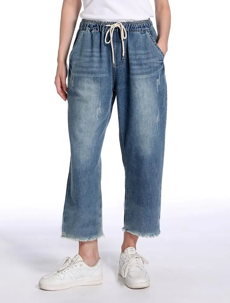 Lavnis Women's Cropped Jeans Cotton Loose Denim Pants Casual Elastic Waist Ripped Jean Joggers