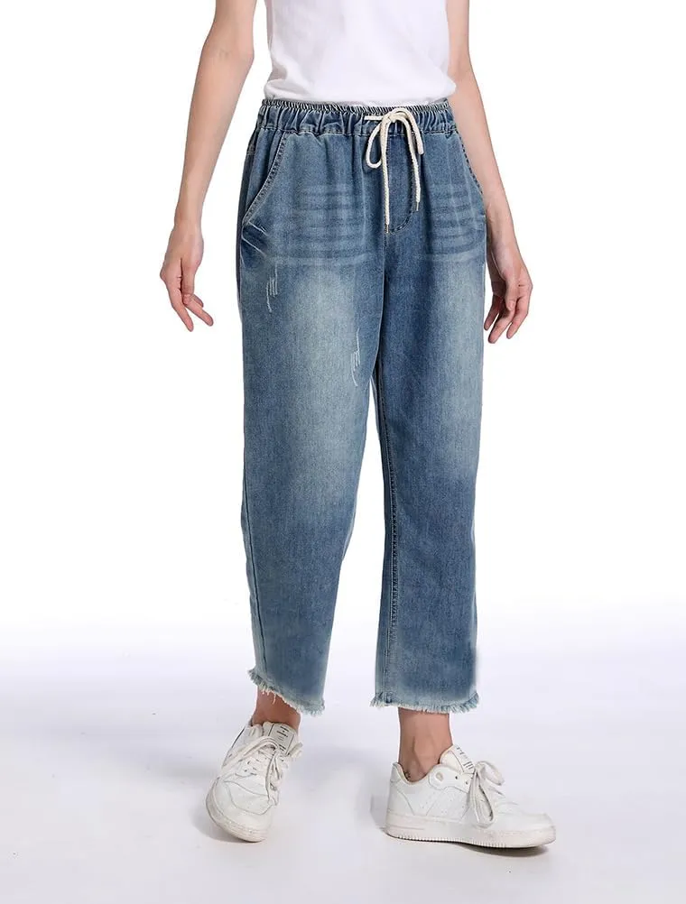 Lavnis Women's Cropped Jeans Cotton Loose Denim Pants Casual Elastic Waist Ripped Jean Joggers