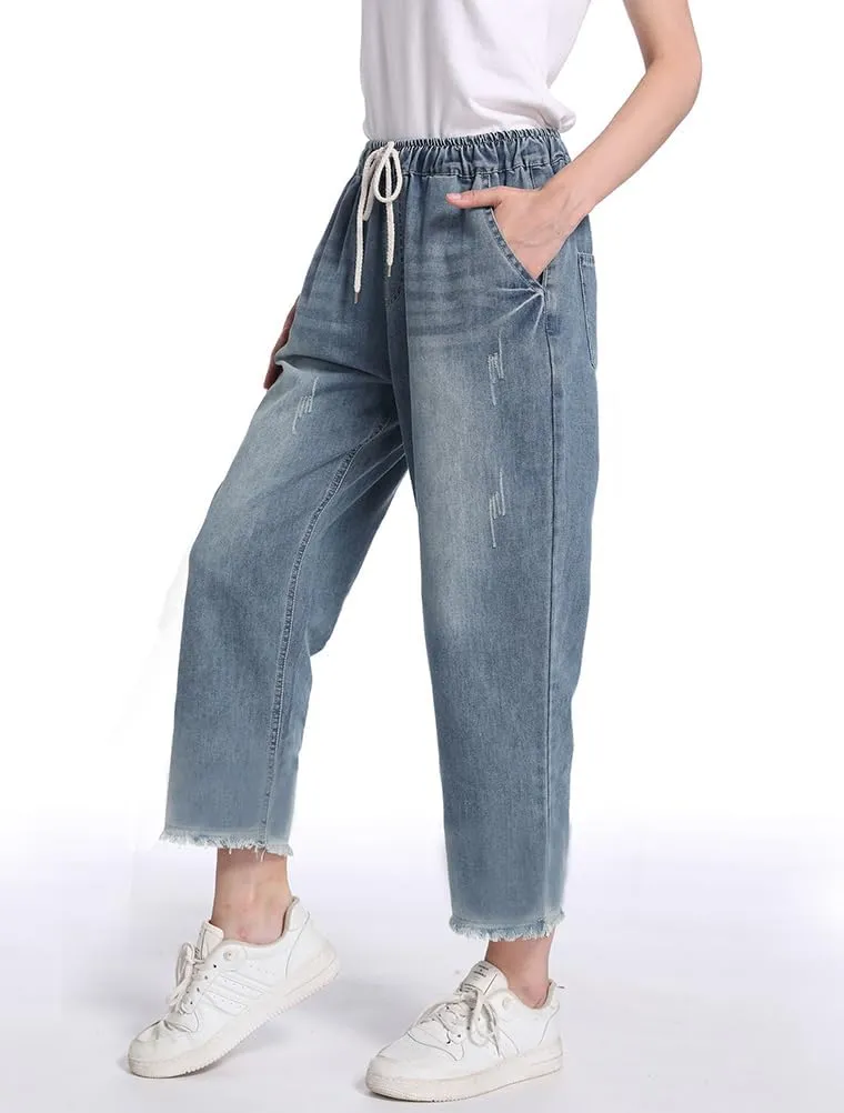 Lavnis Women's Cropped Jeans Cotton Loose Denim Pants Casual Elastic Waist Ripped Jean Joggers