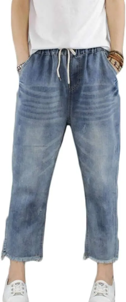 Lavnis Women's Cropped Jeans Cotton Loose Denim Pants Casual Elastic Waist Ripped Jean Joggers