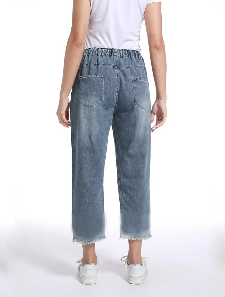 Lavnis Women's Cropped Jeans Cotton Loose Denim Pants Casual Elastic Waist Ripped Jean Joggers