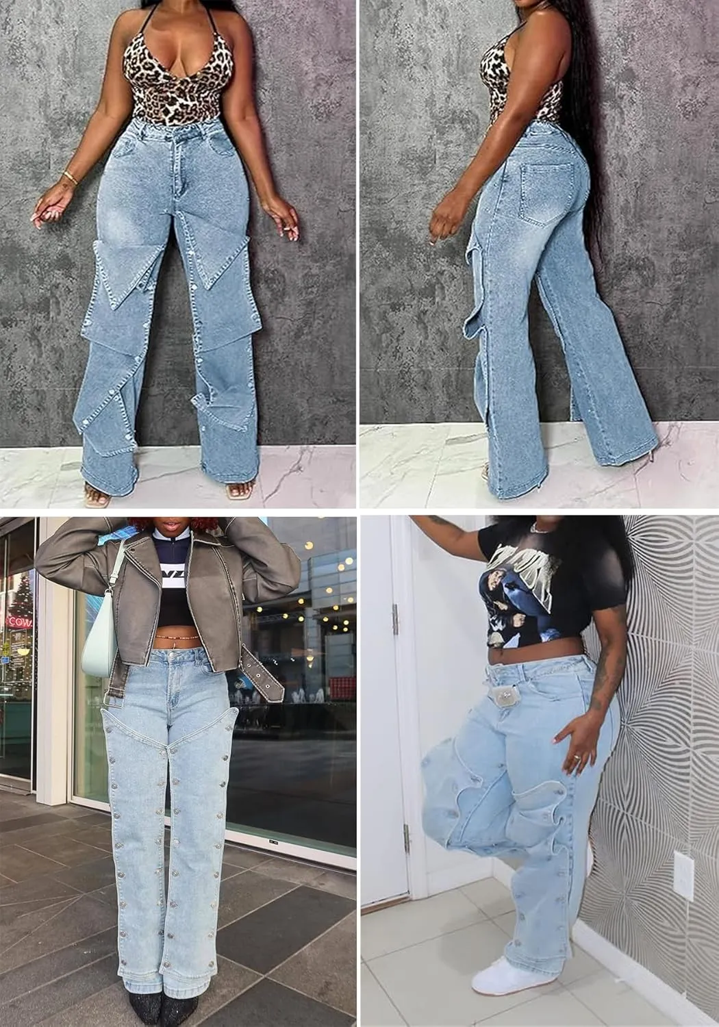 LETSVDO Women's High Waisted Cargo Jeans Straight Wide Leg Baggy Detachable Patchwork Asymmetrical Stretch Denim Pants