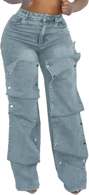 LETSVDO Women's High Waisted Cargo Jeans Straight Wide Leg Baggy Detachable Patchwork Asymmetrical Stretch Denim Pants