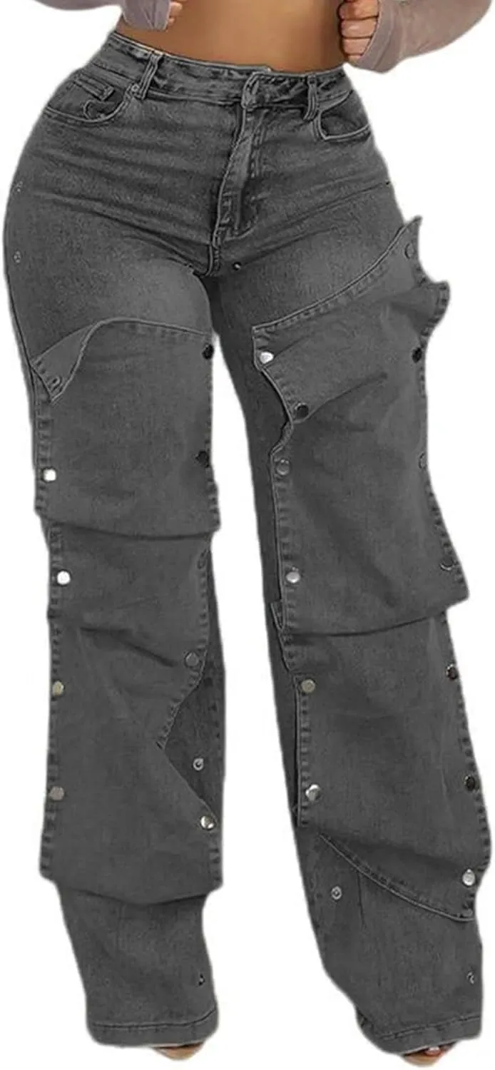 LETSVDO Women's High Waisted Cargo Jeans Straight Wide Leg Baggy Detachable Patchwork Asymmetrical Stretch Denim Pants