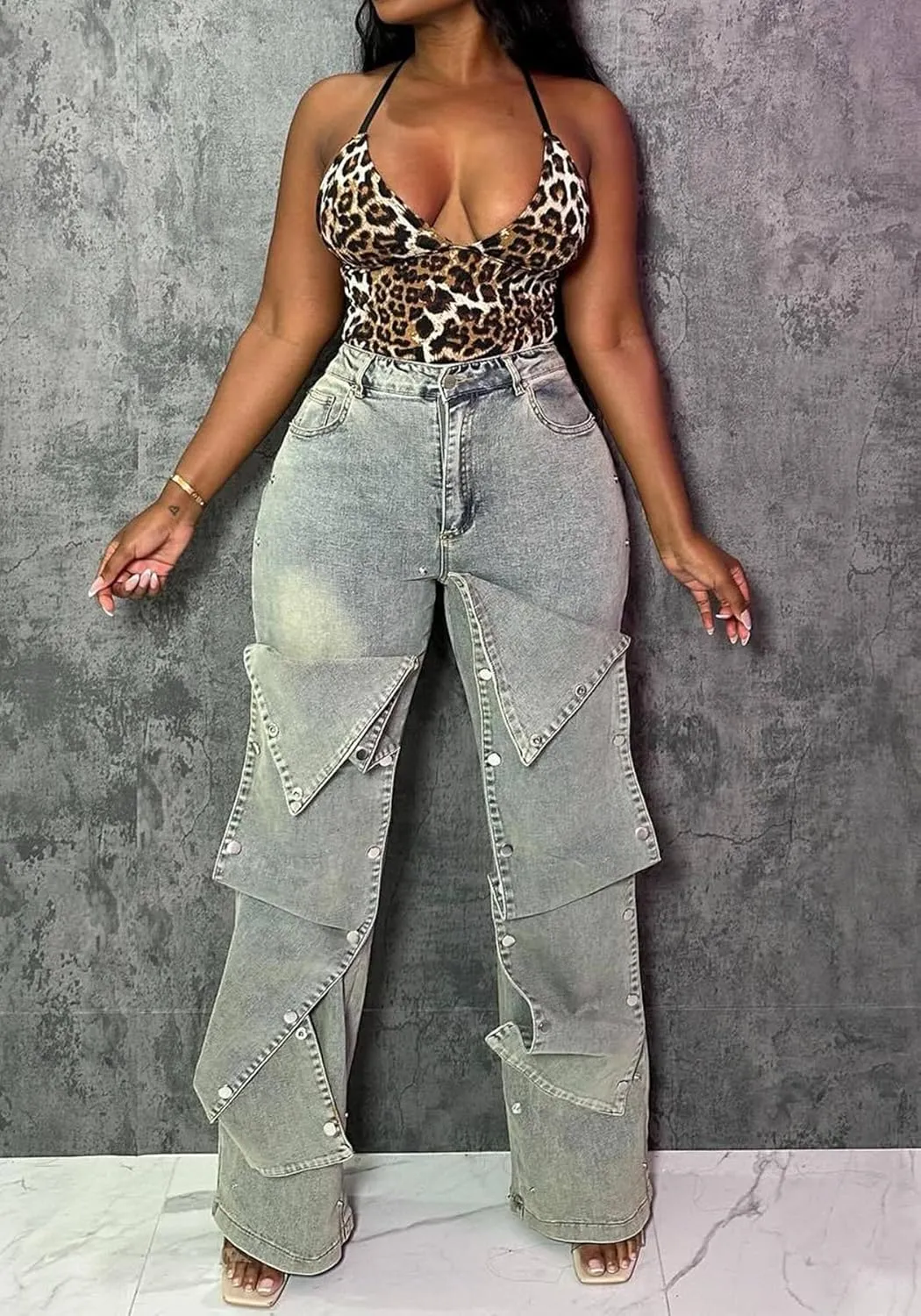 LETSVDO Women's High Waisted Cargo Jeans Straight Wide Leg Baggy Detachable Patchwork Asymmetrical Stretch Denim Pants