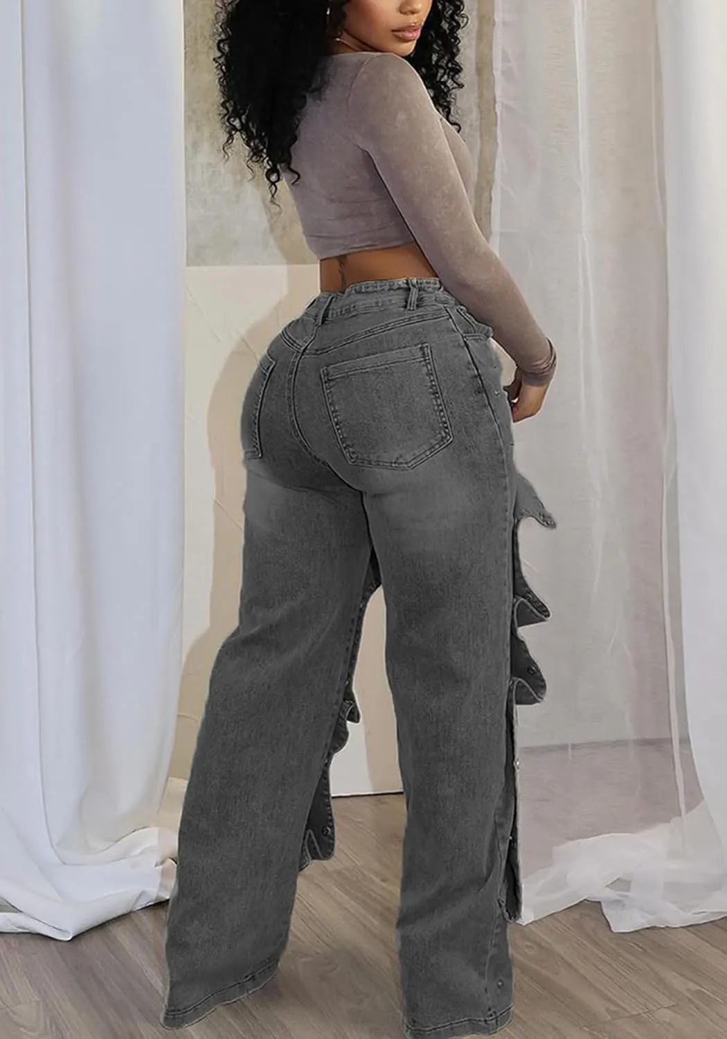 LETSVDO Women's High Waisted Cargo Jeans Straight Wide Leg Baggy Detachable Patchwork Asymmetrical Stretch Denim Pants