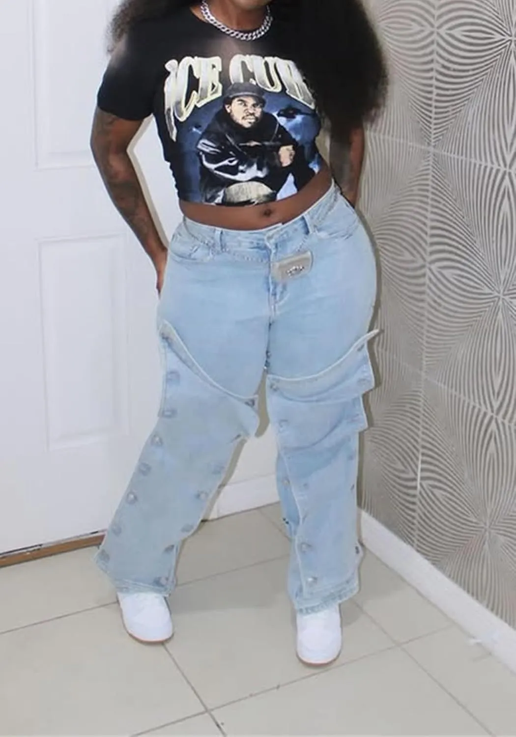 LETSVDO Women's High Waisted Cargo Jeans Straight Wide Leg Baggy Detachable Patchwork Asymmetrical Stretch Denim Pants
