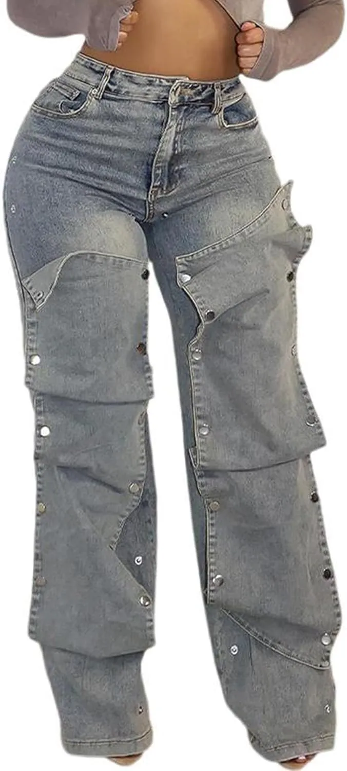 LETSVDO Women's High Waisted Cargo Jeans Straight Wide Leg Baggy Detachable Patchwork Asymmetrical Stretch Denim Pants