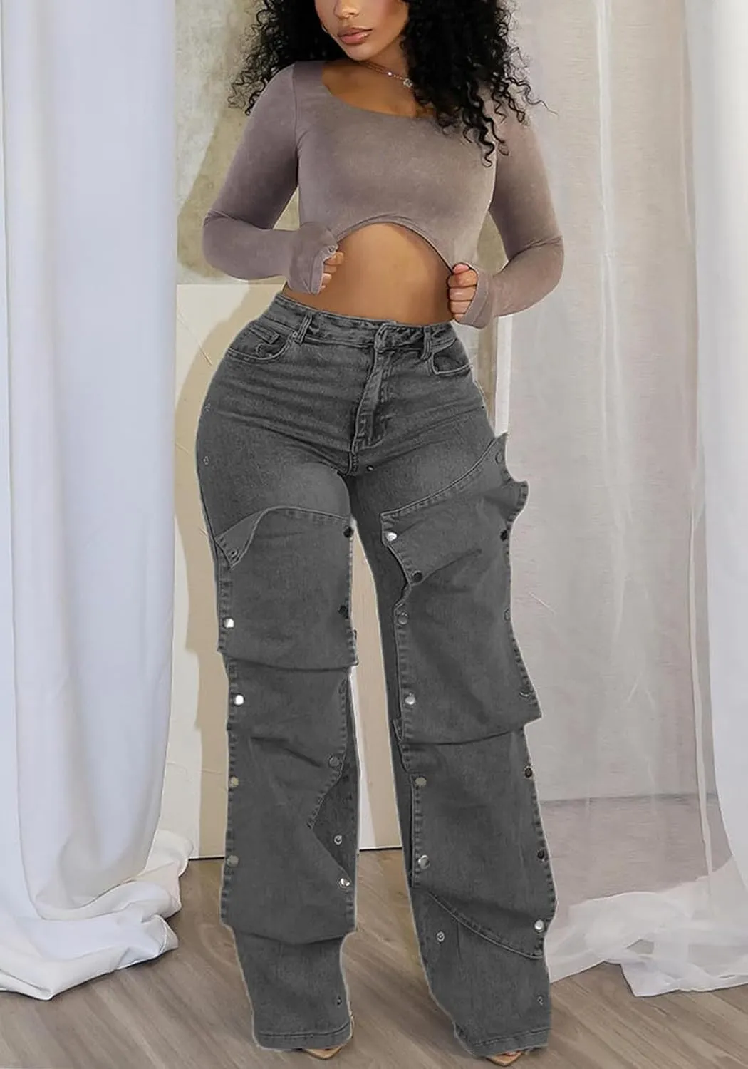 LETSVDO Women's High Waisted Cargo Jeans Straight Wide Leg Baggy Detachable Patchwork Asymmetrical Stretch Denim Pants