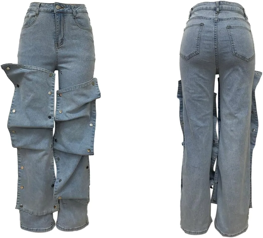 LETSVDO Women's High Waisted Cargo Jeans Straight Wide Leg Baggy Detachable Patchwork Asymmetrical Stretch Denim Pants