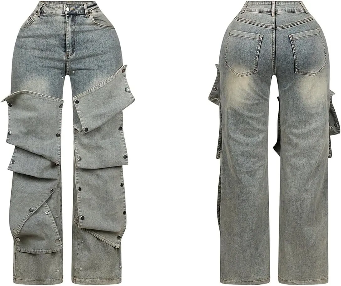 LETSVDO Women's High Waisted Cargo Jeans Straight Wide Leg Baggy Detachable Patchwork Asymmetrical Stretch Denim Pants